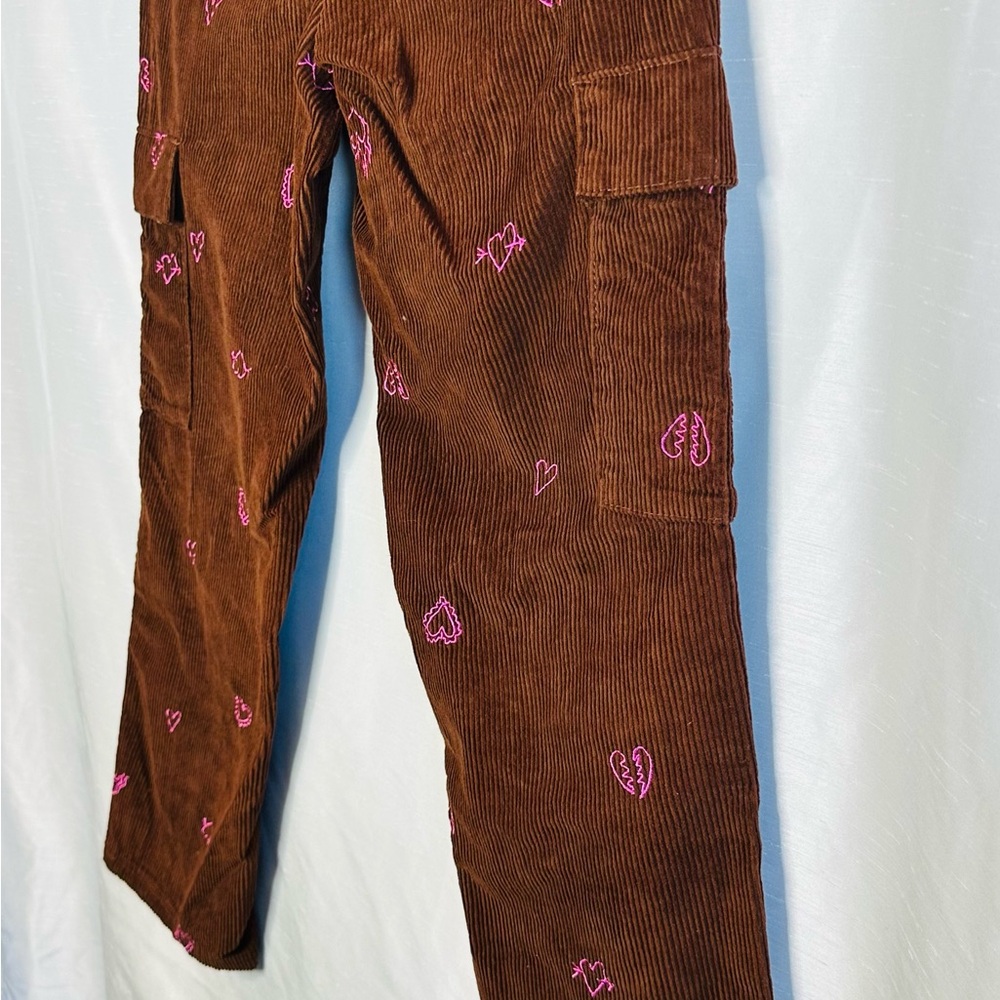 Brown Corduroy Pants with Pink Heart Embroidery - Picture 5 of 10